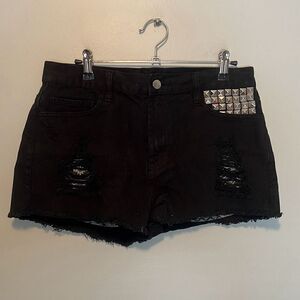 Forever 21 Women's Black Rhinestone Pocket Denim Ripped Jean Shorts